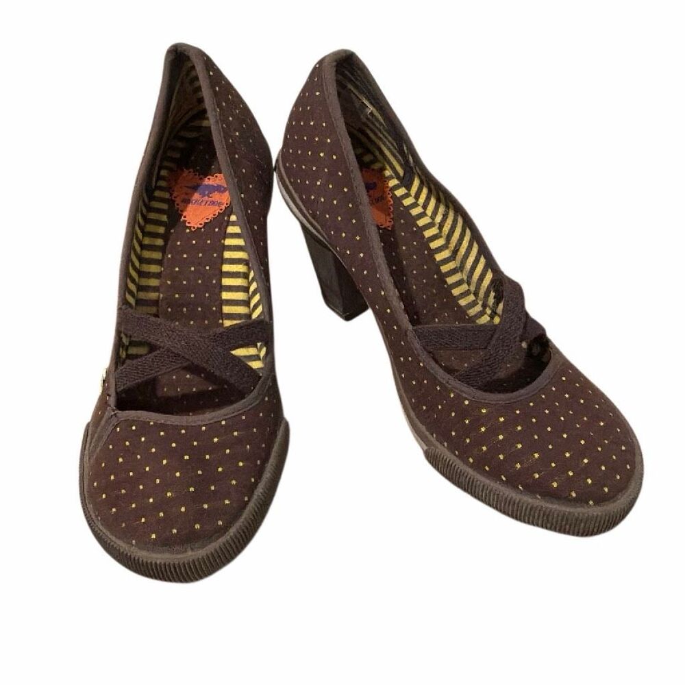 Rocket Dog Mary Jane Chunky Block Heel Pumps Brown Polka Dot Shoes Size 7.5